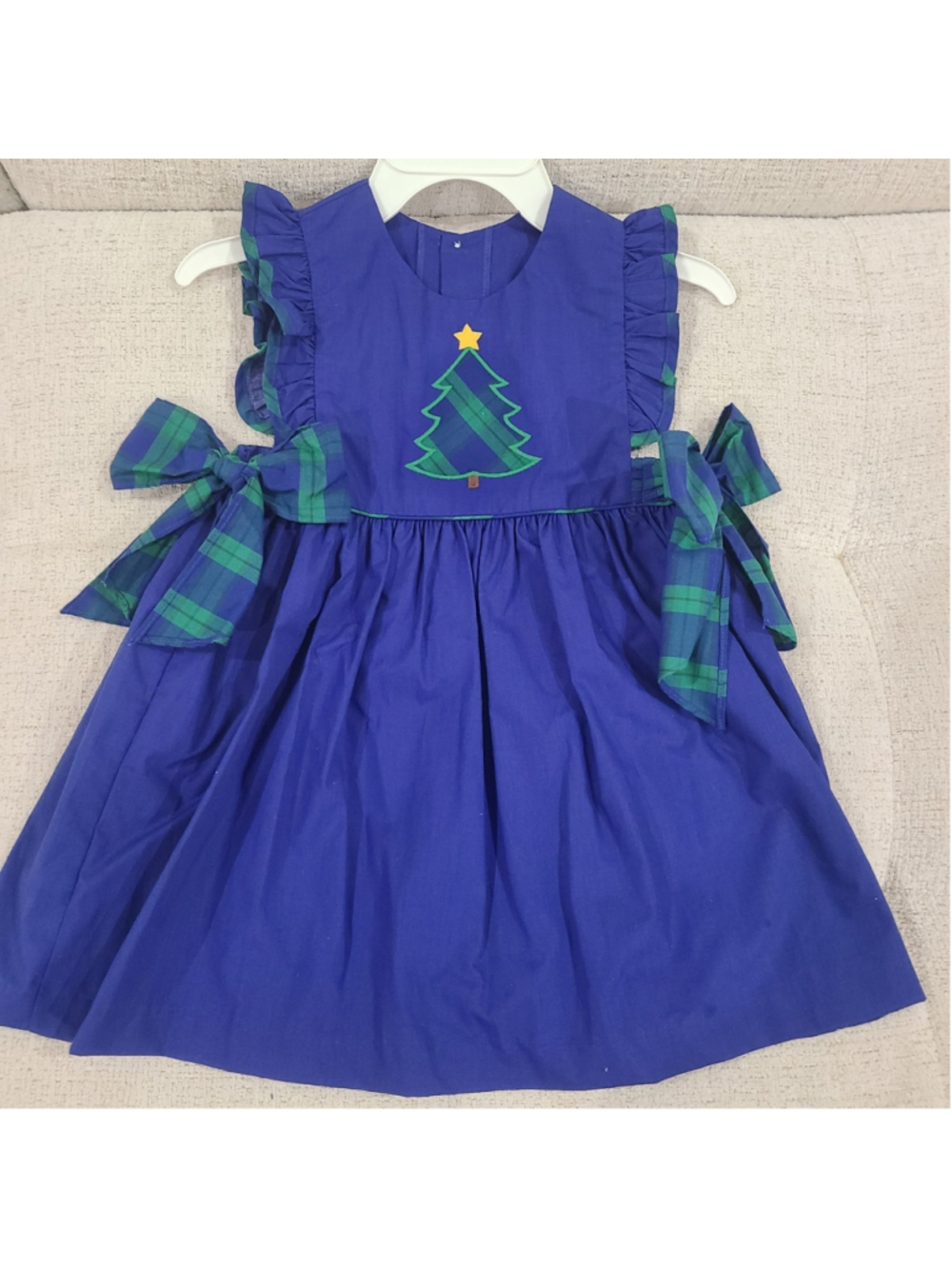 Posh Pickle Christmas Tree Dress Navy Blue Green Plaid Applique Side Tie Sz 4-5